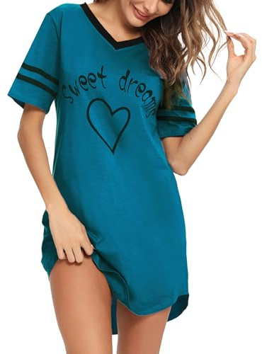 Litherday Camicia da Notte Donna Cotone Estiva Pigiama Donna Manica Corta con Scollo a V e Stampa Cuore Camicia Notte Casual Comoda e Traspirante Blu Lago M