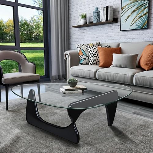 PRITIY Couchtisch Glas Beistelltisch mit Holzrahmen Moderne Wohnzimmertisch Kaffeetisch Glastisch für Wohnzimmer Sofa Coffee Table Black + Transparent 91 × 65 ×40cm
