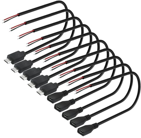 VISSQH 10 Pièces micro USB mâle femelle à fil nu à 2 broches,22AWG 3A micro USB rallonge de câble,prise USB soudable,pour les bricoleurs(30cm)
