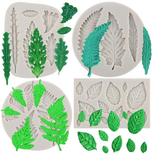 MYPRACS Baum Blatt Silikonform Farn Blätter Fondant Formen Monstera Blätter Süßigkeiten Form Rosenblatt Formen für Kuchendekoration Cupcake Topper Schokolade Süßigkeiten Harz Polymer Clay 4 Stück