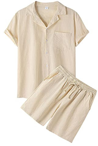 Zweiteiler Herren Leinenanzug Sommer Freizeitanzug Einfarbig 2-teilig Kurzarm Button Up Hemd und Shorts Beach Shirt Kurze Hose Set 2025 Manner Leinen Anzug
