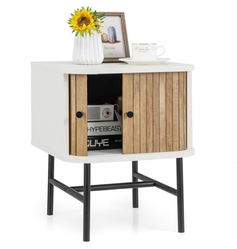 GIANTEX Table d'appoint avec portes coulissantes, table de chevet en bois et pieds en métal, petite table de chevet, table basse, table de téléphone, pour salon, chambre à coucher, 40 x 39 x 49 cm