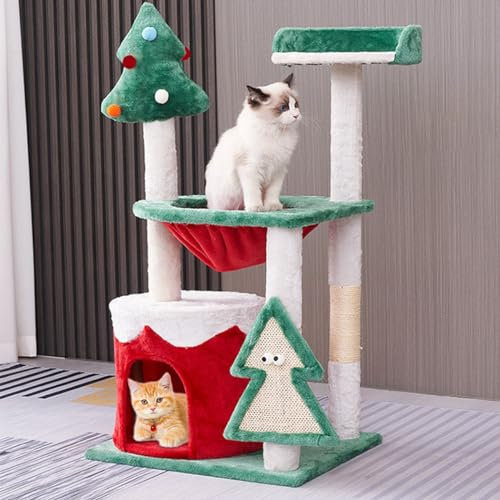 Christmas 35-Inch Multi-Level Cat Tower With Condos, Top Perches, Sisal Ramp Scratching Posts, Cozy Basket, Hammocks, Large Pet Activity Structure SD2
