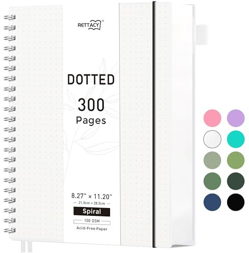 RETTACY Notizbuch A4 Dotted, Bullet Journal Spiral-Notizbuch Gepunktet mit 300 Seiten, Softcover Ringbuch 100 g/m² Dickes für Frauen Männer Arbeit Büro Schule, 14.5 x 21cm - Transparent