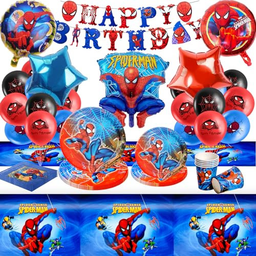 Spi-der Spidey Party Decorations 75PC Superhero Birthday Tableware Set Includes Plates Tablecloth Banner Balloons for Boys theme Supplies