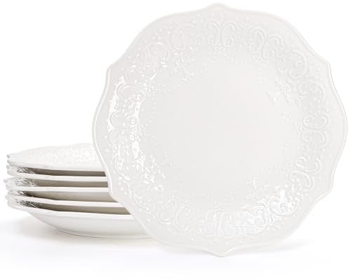 SOUJOY Set of 6 Porcelain Dinner Plate, 10'' Embossed Salad Plates, White Dessert Serving Plates for Steak Appetizer, Kitchen Plates for Restaurant, Family Party, Dishwasher Microwave Safe