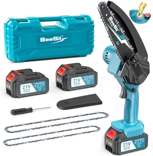 Seesii 8 Inch Mini Cordless Chainsaw with High Capacity 4000mAh x2 Batteries, 900W Powerful Electric Chain Saws with Oiler System, Handheld Battery Powered Saw for Superior Trimming