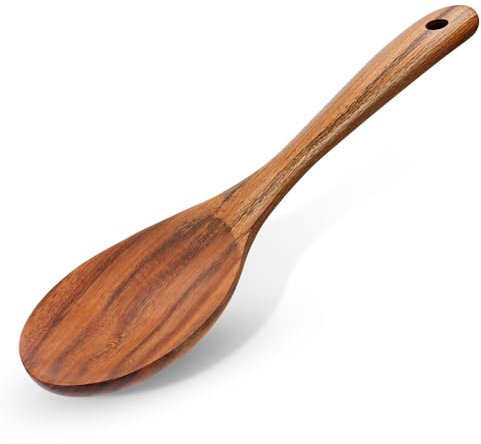 Cuchara redonda de madera de 25 cm, cuchara grande larga para cocinar, superficie lisa, cuchara de madera de teca natural, resistente al calor, cuchara de cocina de madera, cuchara para mezclar