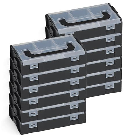 Sortimo L-BOXX Mini Werkzeugkoffer 12er Set – Schwarz Deckel Transparent | Kompakte Sortierboxen für Kleinteile | Stapelbar, lebensmittelecht | Für Bosch L-BOXX System geeignet