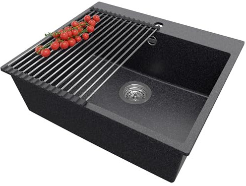 PRIMAGRAN Fregadero Cocina Grafito 58x50cm, Granito 1 Seno + Sifón + Enrollable Escurridor, Sobre encimera al mueble 60cm - Riga S210