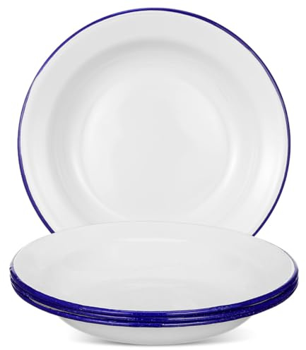 STOBAZA 4 Packs Enamel Plates: 6 Inch Round Enamelware Dinner Plate Bulk - Enameled Serving Dish with Blue Rim, Tableware for Pasta Salad Outdoor Camping Picnic BBQ