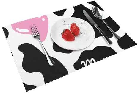 Jbyjbx Juego de 4 manteles individuales con estampado de vaca lechera negra y blanca para mesa de comedor, antideslizantes, resistentes al calor, lavables para uso diario