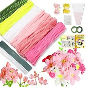 600 Stück Pfeifenreiniger Set 6 Farben, Extra dichte Chenille Stängel für Blumen basteln, inkl. Blumenband & Drahtstiele DIY Blumenstrauß Materialpaket