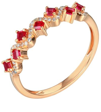Lirzxin Anelli Fidanzamento Donna, Anello di Matrimonio Oro Rosa 18K Onda Fila 0.37ct Rubino Rosso Sintetico e Moissanite Anello per Fidanzata, Sposa Oro Rosa Misura 27