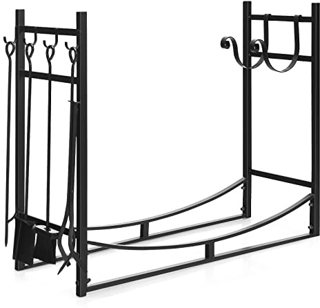 FANTASK Kaminholzregal, Brennholzregal mit 4-teilig Kaminbesteck & Anzündholzhaltern, Feuerholzregal Metall für Innen und Aussen, 90 x 33 x 76 cm