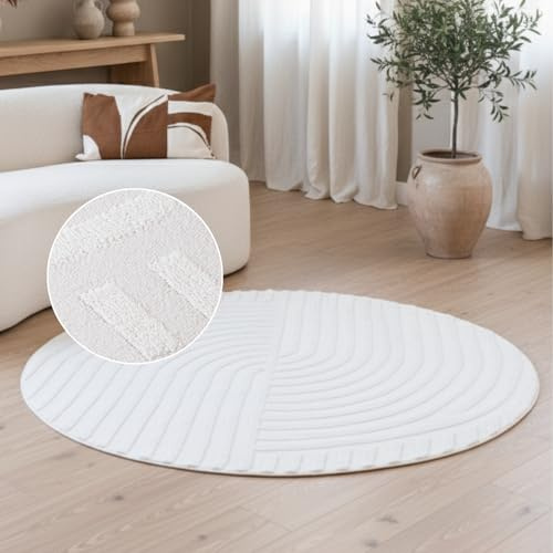 TAPISO Hygge Rund Teppich Kurzflor Creme Weiß Streifen Halbkreis 3D Effekt Teppich für Wohnzimmerteppich Wohnzimmer Schlafzimmer Flur Moderner Design ÖKOTEX 160 x 160 cm