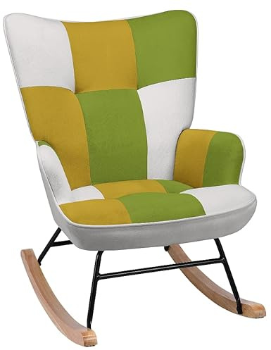 Matomn Schaukelstuhl Sessel Patchwork mit Metallgestell und Holzsockel Skandinavischer Schaukelsessel Retro Sessel Wohnzimmer Relaxstuhl Polstersessel für Schlafzimmer Hotel Grün