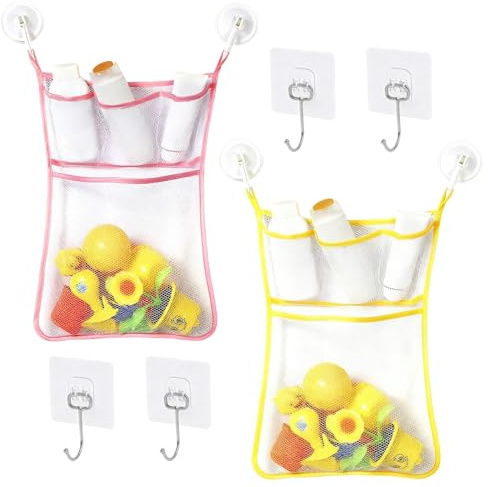 2Pcs Bath Toy Storage, Hanging Bath Toys Organiser Bathroom Storage Net Dry | Large, Quick Dry Net Bags Tidy for Kids Toys, Shampoo, Shower Essentials, 4 Suction Cups & Hooks, Yellow, Pink