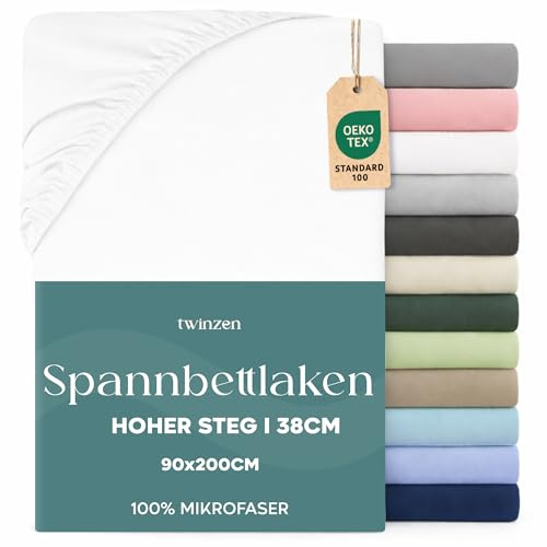 Twinzen - Spannbettlaken 90x200 cm - 100% Mikrofaser - Steghöhe 35cm | Weiß · Ultraweich · OEKO-TEX Zertifiziert · Bettwäsche 1 Person · Für hohe Matratzen · Atmungsaktiv · Pflegeleicht