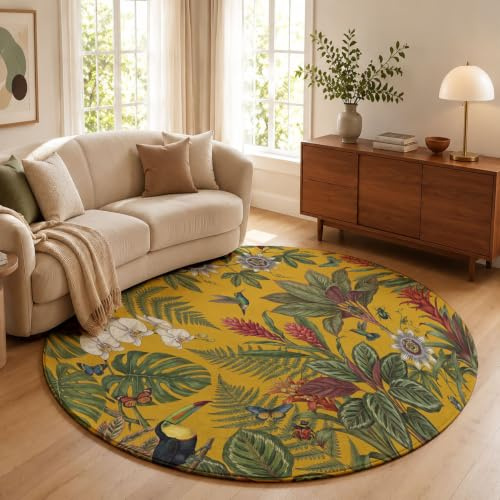HASLEFND Giungla retrò Morbido Tappeto Rotondo Salotto 120cm | Toucan Monstera Deliziosa Tappeto Camera da Letto Pelo Corto, Antiscivolo Tappeti Salotto Lavabile in Lavatrice Tappeti