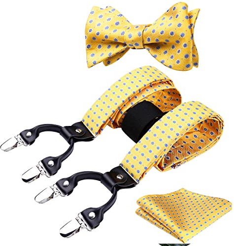 HISDERN Gelb Hosenträger Herren mit Fliege Set 6 starken Clips Extra Breit Stark Paisley Y Form Hosenträger für Herren und Einsteckuch…