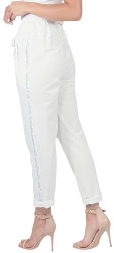 Mississhop 230 Damen Hose Freizeithose Baumwollhose Boyfriend mit Seitlichen Glitzerstreifen Weiß
