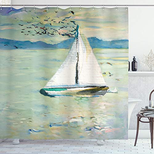 ABAKUHAUS Kunst Duschvorhang, Monet Segelboot, Stoffliches Gewebe Badezimmerdekorationsset mit Haken, 175 x 180 cm, Pale Blue Teal und Weiß
