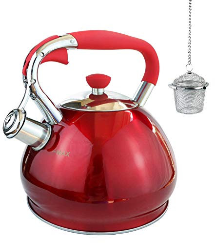 Kmatee Pfeifender Teekessel mit Herd für schnelleres Kochen, chirurgischer gebürsteter Edelstahl, Pfeif-Teekanne, Induktion, 1 Teebereiter, Rot