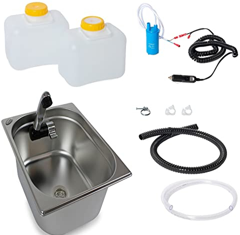 12V Wasseranlage Imbisswagen Verkaufsanhänger Campingküche Bausatz Spüle 325x265x150 Integrierten Wasserhahn London Chrom Wasserkanister 10 Liter (ad-ideen)