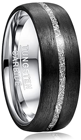 TUNGSTORY 8mm Verlobungsring für Herren Wolframkarbid Eheringe mit Schwarz Kohlefaser und Imitiertes Meteoriten-Inlay Komfort Fit Größe 65(20.7)