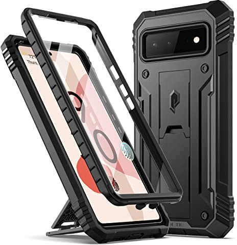 POETIC Revolution Series Hülle Kompatibel mit Pixel 6 5G, robust, stoßfest, Ganzkörper-Schutzhülle mit Ständer, integriertem Displayschutz für Arbeit mit Fingerabdruck-ID, Schwarz