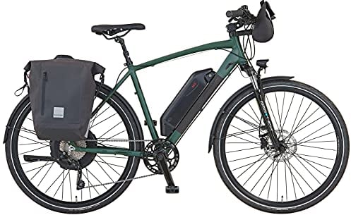 Prophete Entdecker eT300 Trekking E-Bike 28 | Diamantrahmen mit Fahrradtaschen | Damen/Herren/Elektrofahrrad| AEG Hinterradmotor | olivgrün