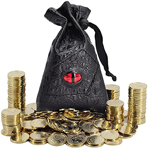 VIIPHA DND Fantasy Münzen 50 Antik Gold Metall Schatzmarken mit Ledertasche - Gaming Loot, Zubehör & Requisiten