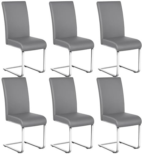 Yaheetech Chaises de Salle à Manger Lot de 6 en Similicuir Chaise de Cuisine Piètement Acier Chromé Revêtement Hauteur Assise 50 cm Gris Clair