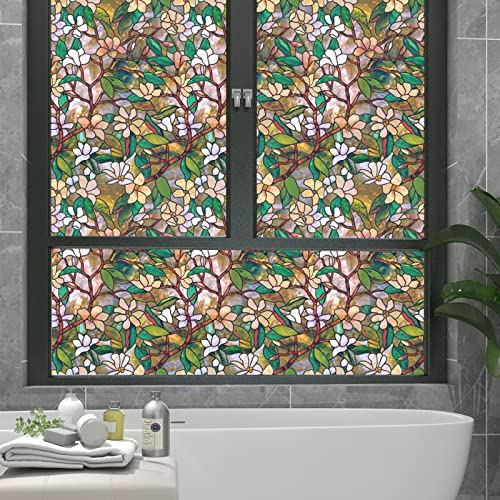 KEKUYA Selbsthaftend blickdicht sichtschutz folie,Statische 3D-Buntglas fensterfolie,blaue Blätter blühen ,Statisch haftend anti-UV zum dekorieren von küche, wohnzimmer, esszimmer usw 44.5x200cm