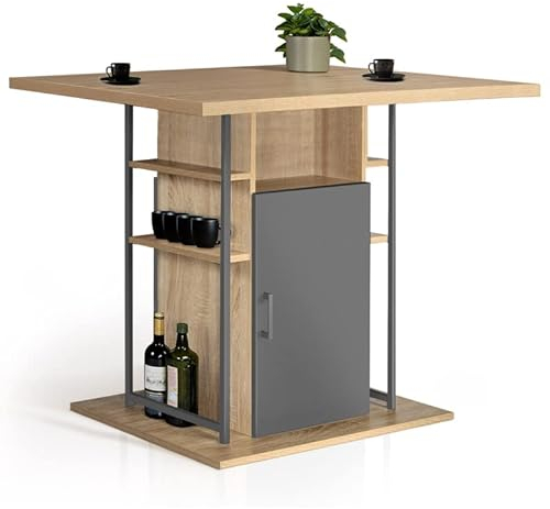 IDMarket - Ilot central UGO 110 cm madera gris e imitación haya con almacenamiento de diseño industrial