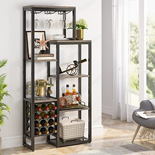 Tribesigns Weinregal, freistehend, 5-stöckig, Weinbäckerregal mit Glashalter und Weinaufbewahrung, industrielles Weinregal, Weinbar, Schrank für Bar, Küche, Esszimmer (Rustic Grey)