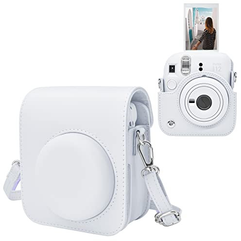 MUZIRI KINOKOO Protective Case for Fuji Instax Mini 12, Premium PU Leather Fuji Mini 12 Carrying Case with Adjustable Shoulder Strap - Clay White