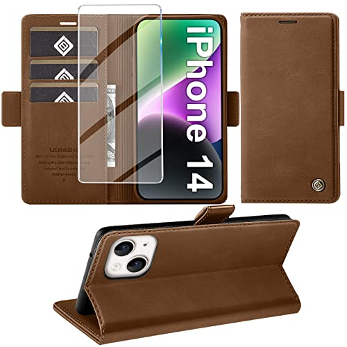 Giyer Handyhülle für iPhone 14 Hülle mit Schutzfolie, Standfunktion Kartenfach Wallet Premium Leder Schutzhülle für iPhone 14 5G 6.1 Zoll Flip Case Cover Stoßfeste Klapphülle (Braun)