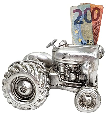 BUSDUGA 4230 Sparkasse Traktor Antik Silber, 14x12x11cm, Spardose Sparschwein Sparbüchse