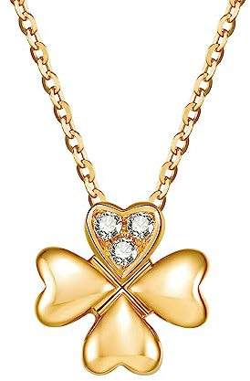 FANCIME Solide 14 Karat 585 Gelb Gold Kette mit Vierblättriges Kleeblatt Anhänger mit Diamant, Geschenk Schmuck für Damen Mädchen, Verstellbares Kette: 40 + 5 cm
