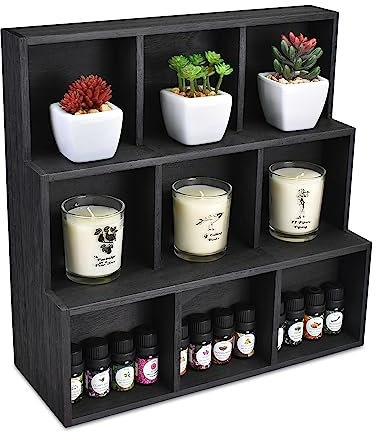 Ikee Design Holzregal mit mehreren Fächern, stilvoller Holzständer, Ausstellungsregal für Sammlerstücke, perfekt für Heimdekoration und Ladenausstellung, Schwarz