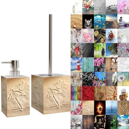 Sanilo Badezimmer Set, Seifenspender und WC Bürste mit Motiv, große Auswahl, Klobürste ohne Bohren, schöne Designs (Sunshine)