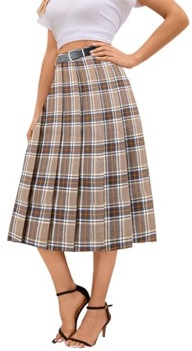 Cromoncent Langer Faltenrock für Mädchen und Damen, hohe Taille, mit Taschen, Braunes Plaid, 3X-Groß