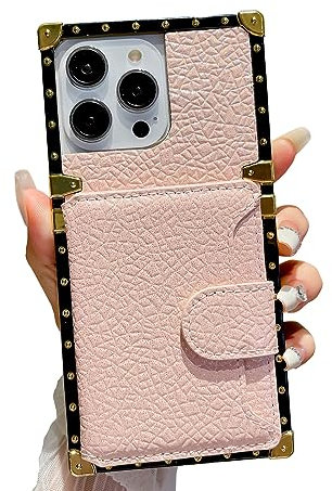 Rectangle Wallet Glitter Leather Case for iPhone 15 Pro 6.1 with Card Holder Luxury Shiny Trendy Flip Quilted Design Metal Golden Edges Shockproof Protective Girls Women Cover(i15 Pro,Pink)