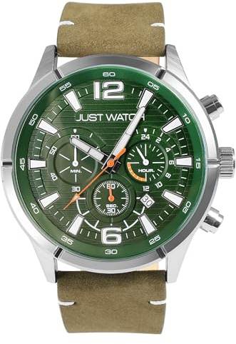 Just Watch Evander Herren-Chronograph Leder 5 Bar Datum Stoppuhr Analog JW20172 (grün)