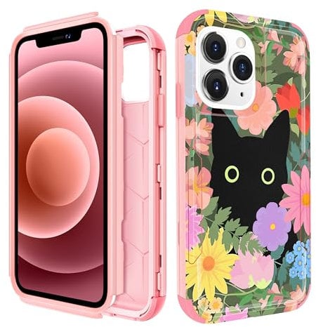 Pegmode for iPhone 11 Pro Max Case - Heavy Duty Protective Designer Cat Flower Cute Cartoon Hard Shockproof Bumper Phone Cases for 11 Pro Max for Girly Women Men Girls Boys Teens