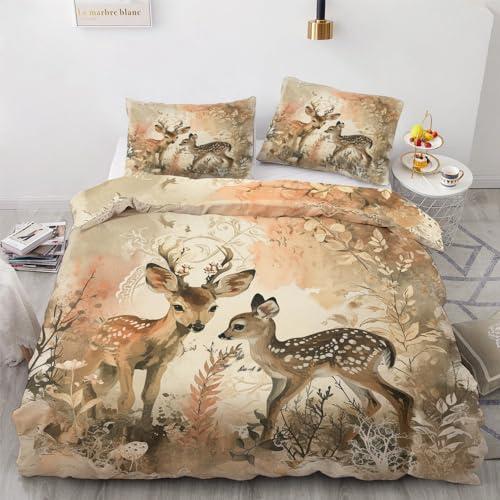 YELDAN Bettwäsche 135x200 REH, Tiere Bettbezug, Bettwäsche-Sets 2 teilig, Weich & Bügelfrei Mikrofaser Wendebettwäsche und 1 Kissenbezug 80x80 mit Umschlag