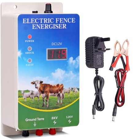 Svauoumu 5km Electric Fence Energizer 12V With LED Display, Electric Fence Controller, Electric Shepherd Dog Fence for Animal Husbandry, for Farm Poultry Horses, Cattle, Dogs, Pastures