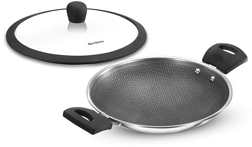 Hawkins 1.25L Breakfast Pan, Nonstick Triply Stainless Steel Appachatty with Glass Lid, Chetty Pan, Appam Patra, Honeycomb Round Bottom Small Kadai, Siler (NSA125G)